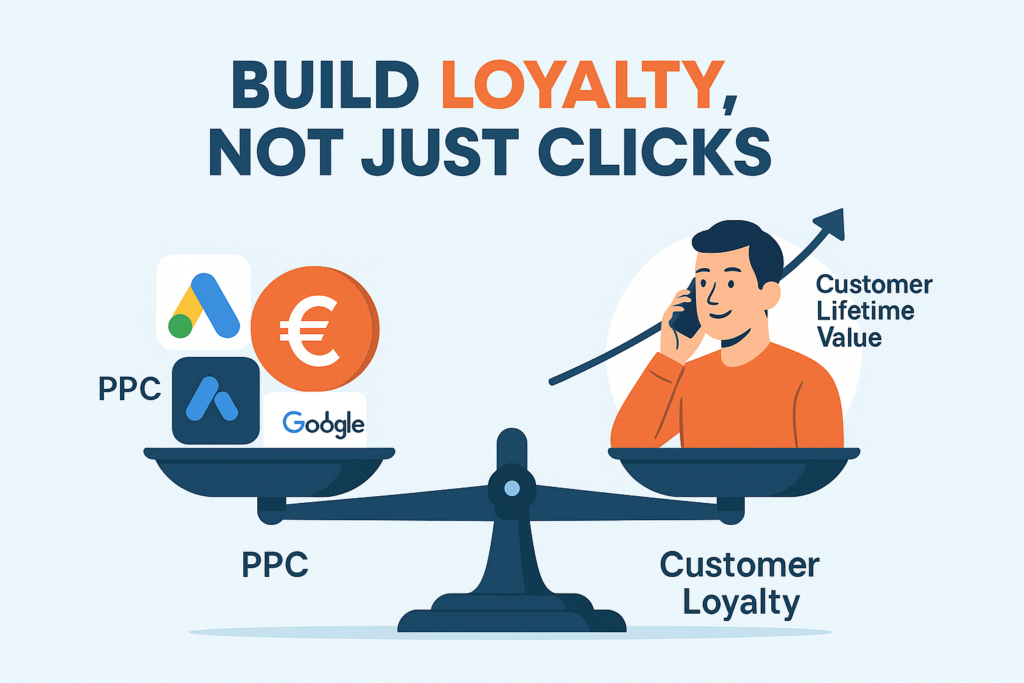 Outsourcing Planet illustration comparing PPC ads with customer loyalty generated by outsourced call center campaigns.