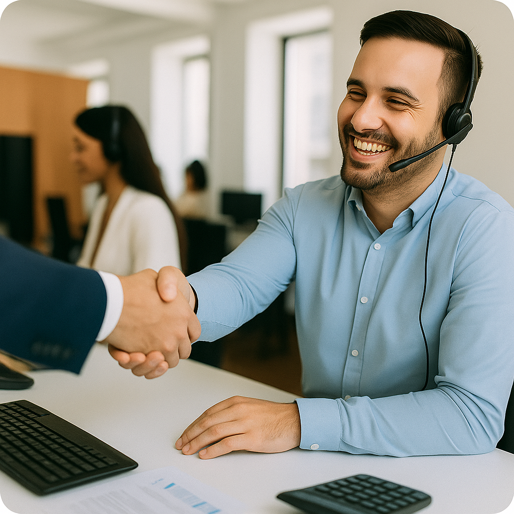 Agente de Call Center externalizado de Outsourcing Planet saludando a un cliente en una oficina profesional.