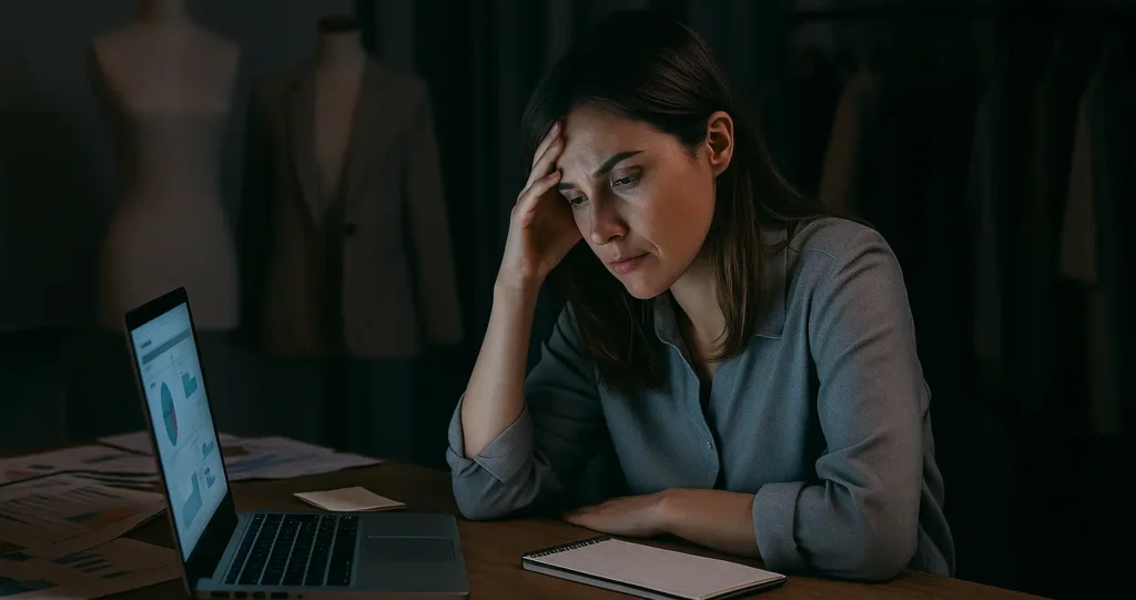 Mujer empresaria del sector moda trabaja de noche frente al ordenador, frustrada por la falta de resultados, reflejando la necesidad de una consultoría estratégica real – Outsourcing Planet.
