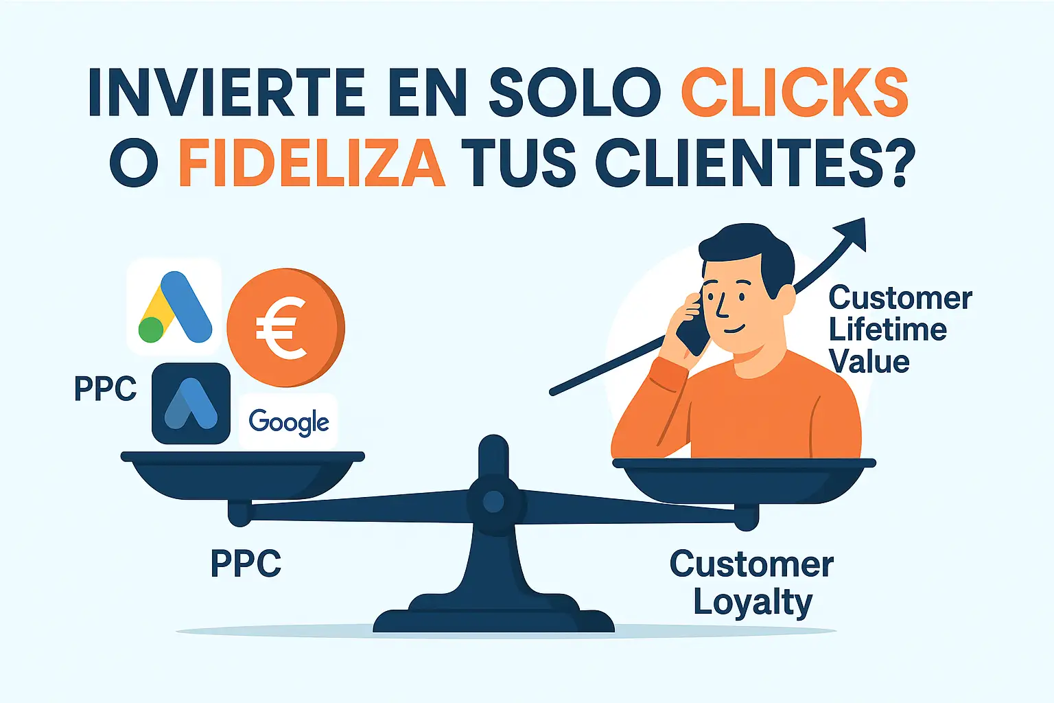 Ilustración de Outsourcing Planet comparando campañas PPC con el valor de fidelizar clientes mediante un Call Center externalizado.