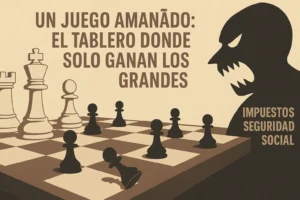Ilustración conceptual de Outsourcing Planet que muestra un tablero de ajedrez desigual, donde grandes corporaciones superan a pequeñas pymes, con Hacienda y Seguridad Social representados como figura amenazante.