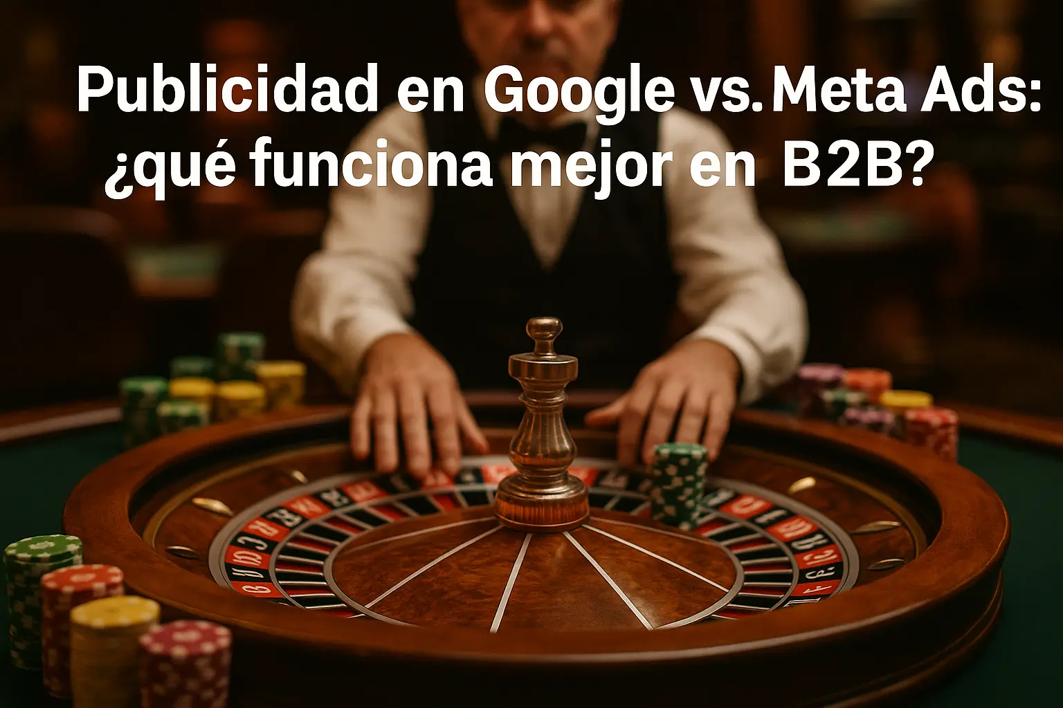 Ruleta de casino con croupier recogiendo fichas, simbolizando el riesgo de invertir en Google Ads o Meta Ads sin estrategia en B2B - Outsourcing Planet