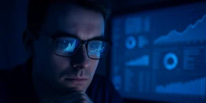 Profesional analizando datos en pantalla con gráficos de rendimiento y métricas de Business Analytics — Outsourcing Planet