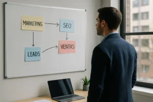 Profesional observando una pizarra con notas de marketing, SEO, leads y ventas en una oficina moderna, representando el análisis previo antes de externalizar la fuerza comercial.