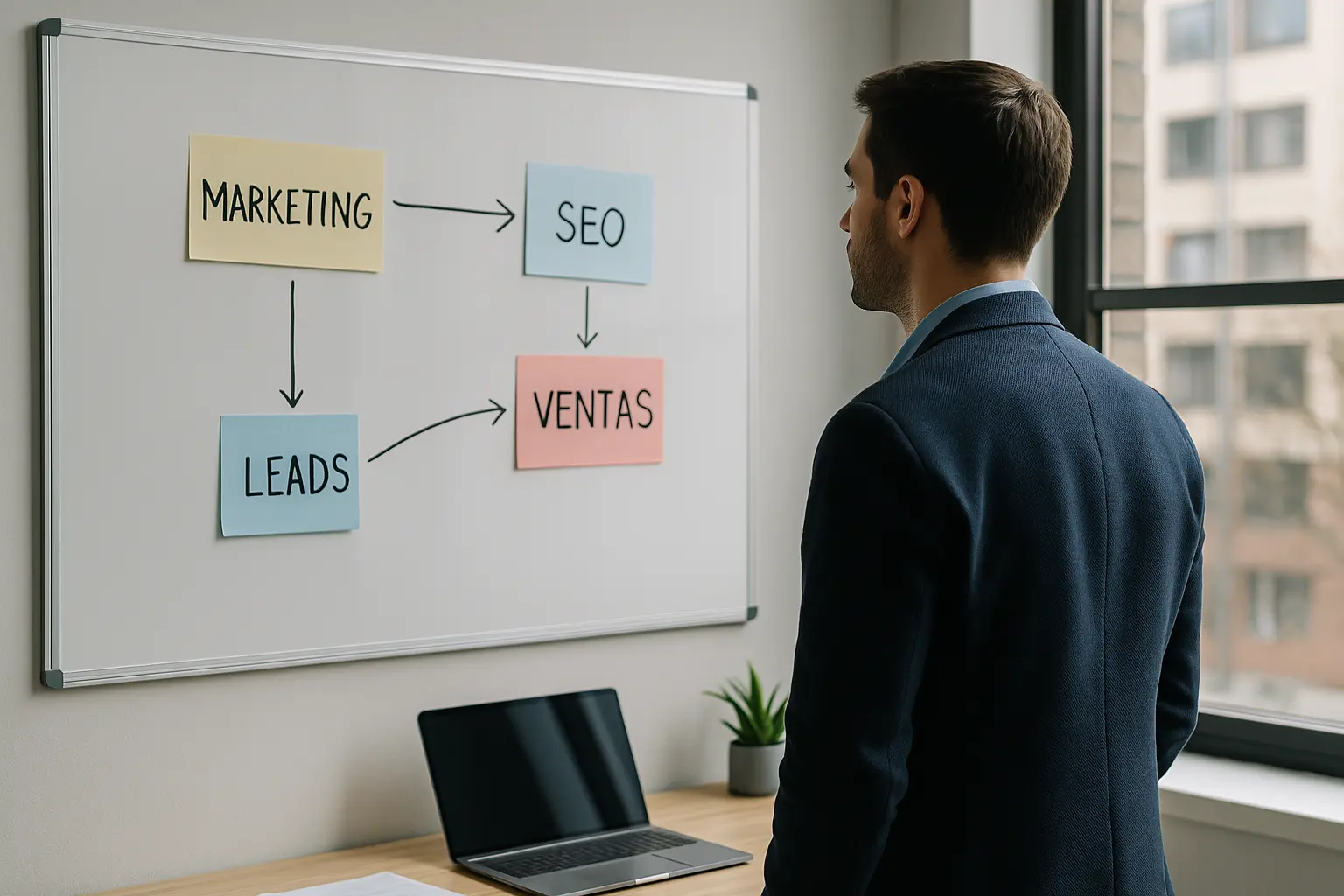 Profesional analizando una pizarra con notas de Marketing, SEO, Leads y Ventas, representando la planificación previa antes de externalizar la fuerza comercial — Outsourcing Planet