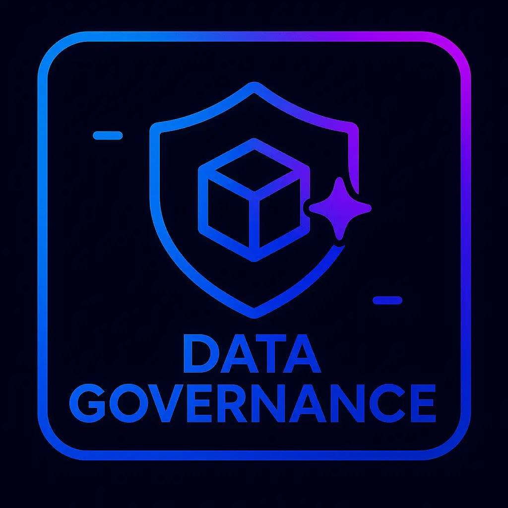Icono Data Governance con escudo y cubo neón