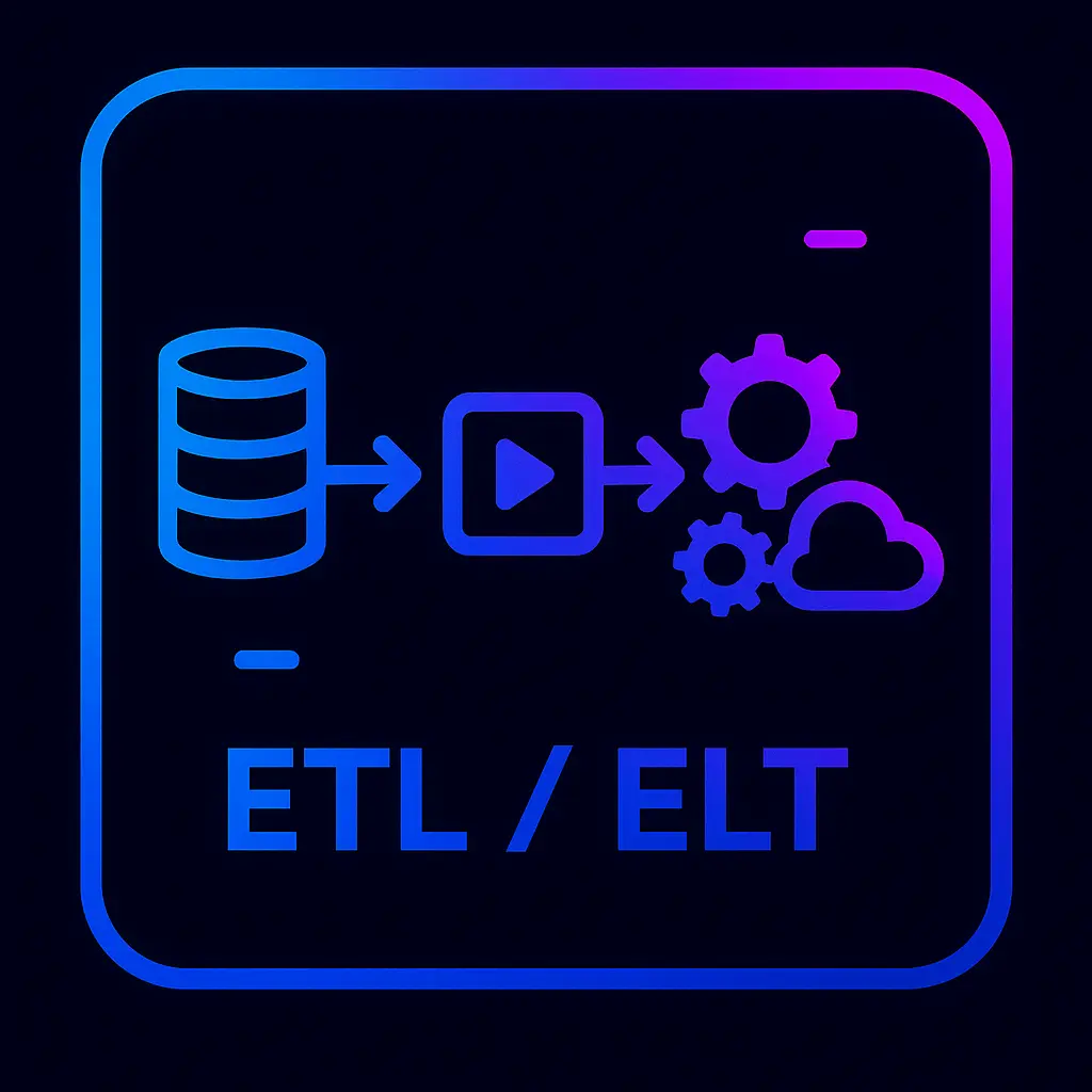 Icono ETL ELT con flujo y engranajes neón