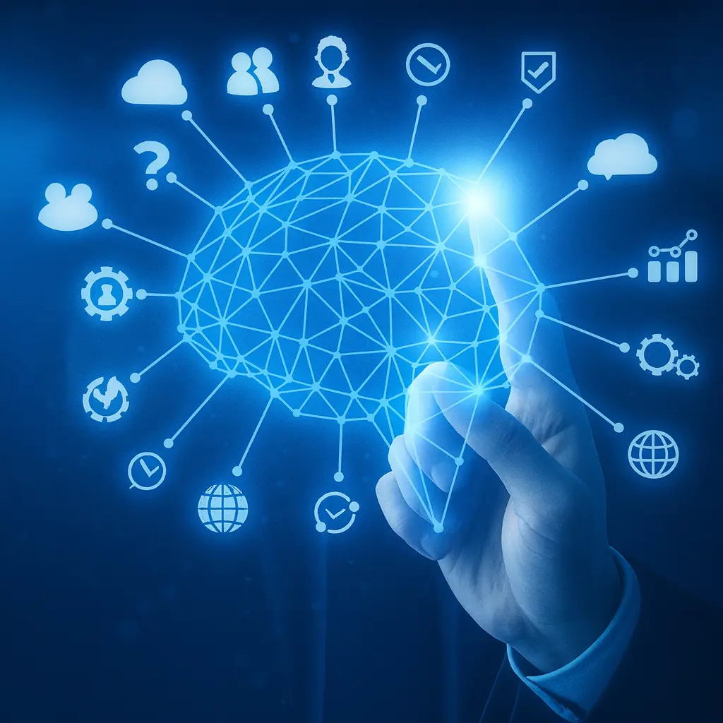 Mano ejecutiva tocando una interfaz holográfica azul con un cerebro digital que representa Business Intelligence y análisis de datos