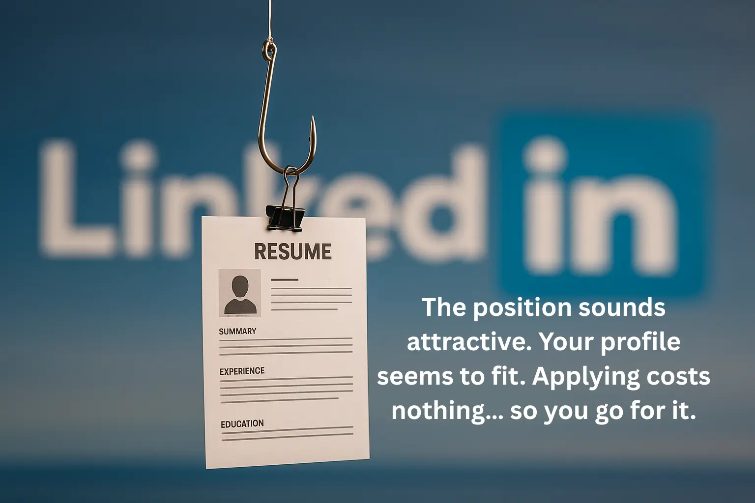 Resume on a hook in front of the LinkedIn logo symbolizing fake job offers — Outsourcing Planet