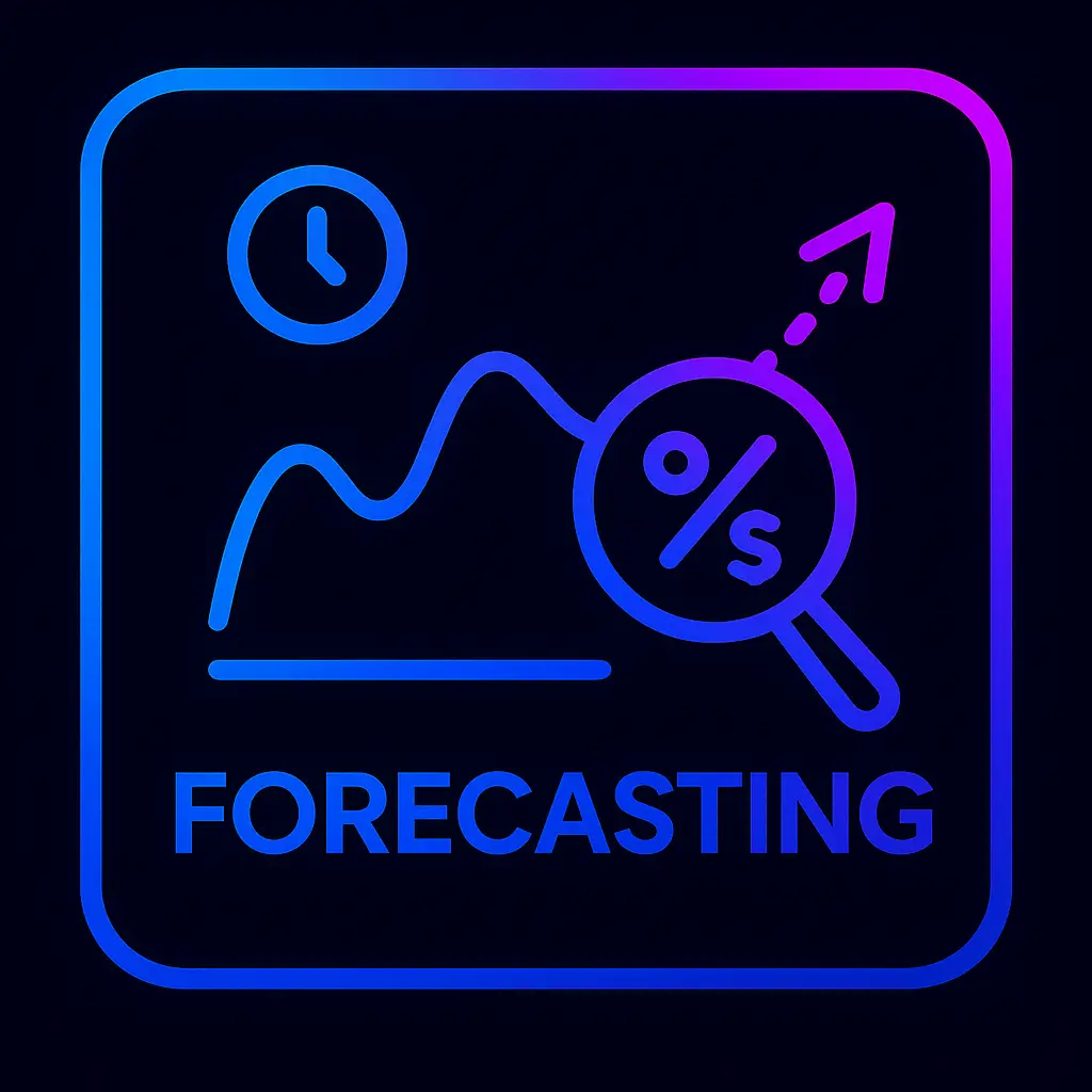 Icono Forecasting con línea temporal y lupa neón