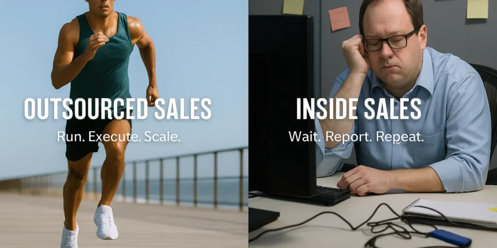 Outsourced sales vs inside sales — visual comparison showing agility and execution of outsourcing teams versus stagnation of internal sales teams, created by Outsourcing Planet.