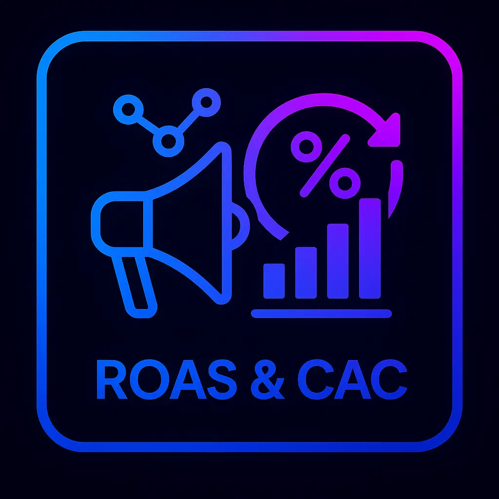 Icono ROAS y CAC con megáfono y gráfico neón