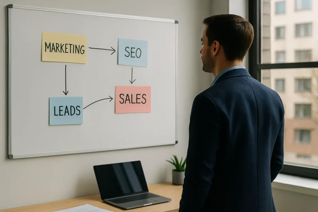 A business professional from Outsourcing Planet analyzing a whiteboard diagram showing the connection between marketing, SEO, leads, and sales — representing how strategic visibility drives successful sales outsourcing.
