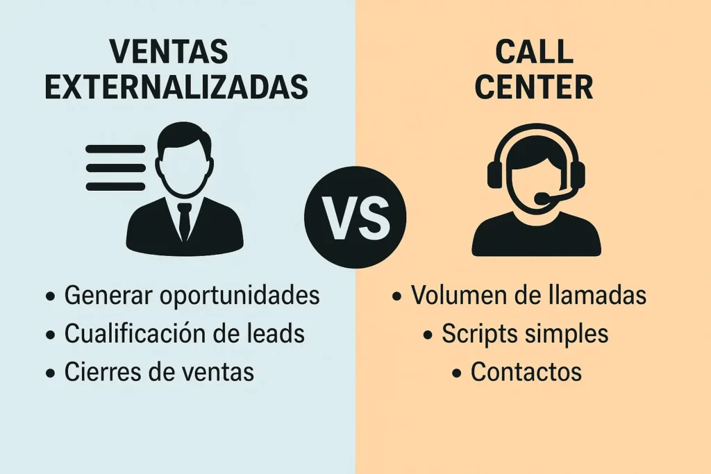 Comparativa visual entre outsourcing de ventas y call center, mostrando diferencias clave como generación de oportunidades, cualificación y cierres frente a volumen de llamadas y scripts básicos.