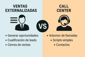 Comparativa visual entre outsourcing de ventas y call center, mostrando diferencias clave como generación de oportunidades, cualificación y cierres frente a volumen de llamadas y scripts básicos.