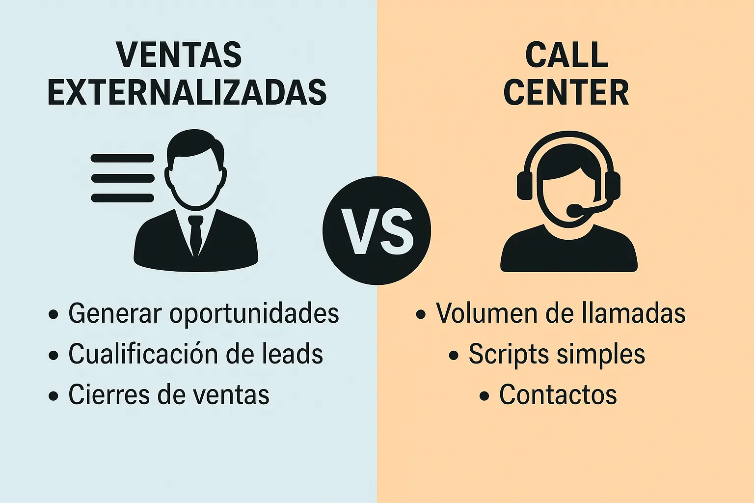 Comparativa visual entre outsourcing de ventas y call center, mostrando diferencias clave en estrategia, cualificación y resultados.