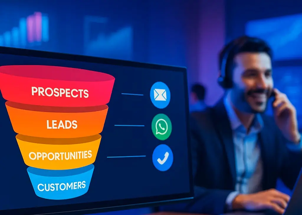 Outsourced sales funnel displayed on screen while sales agent works via phone, WhatsApp and email — Outsourcing Planet