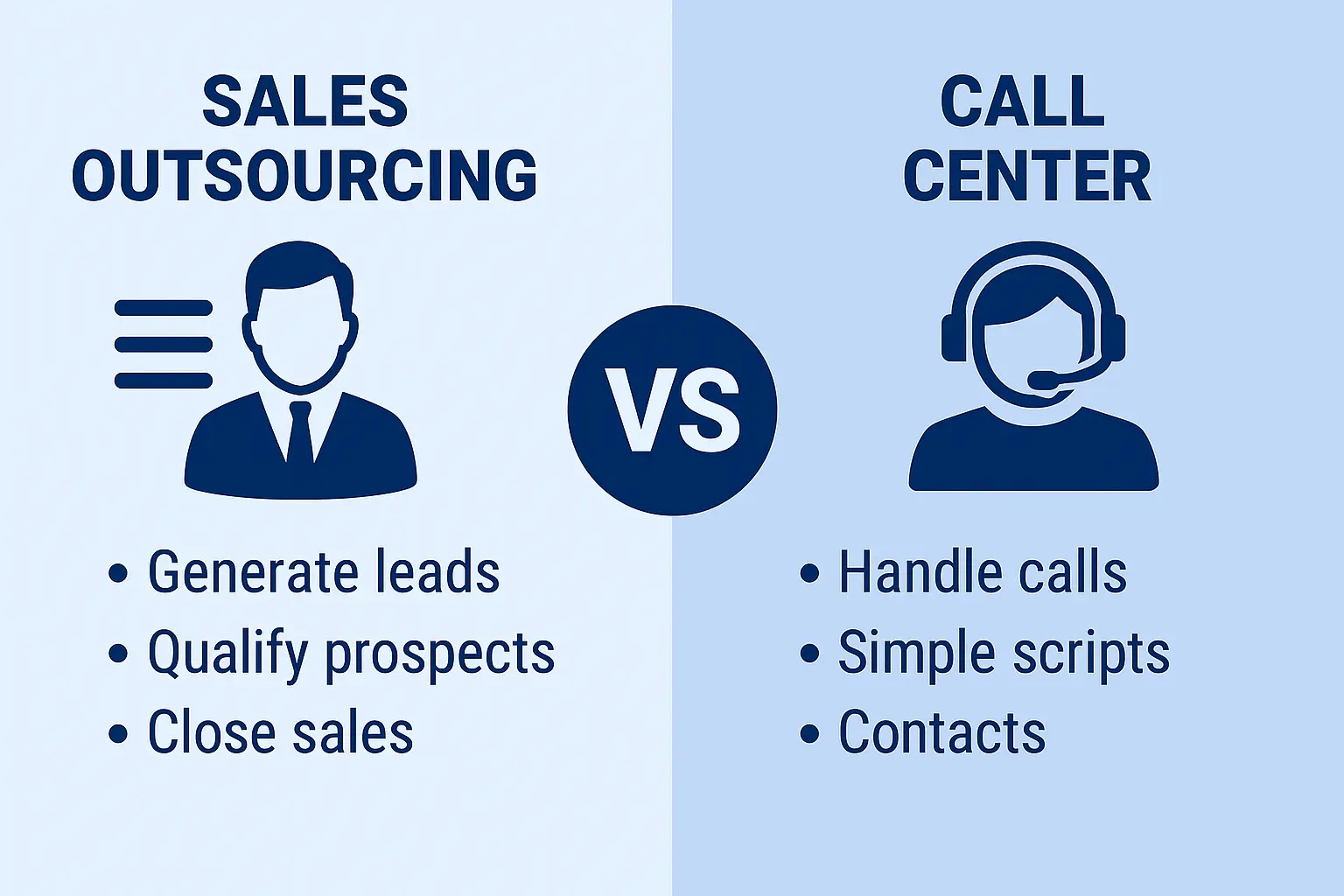 Visual comparison of sales outsourcing vs call centers, highlighting differences in strategy, pipeline and revenue impact — Outsourcing Planet.