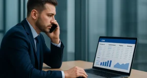 Ejecutivo hablando por teléfono mientras analiza CRM en laptop, representando el servicio de SDR externalizado y prospección B2B de Outsourcing Planet.