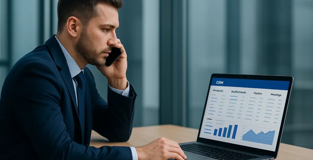 Outsourcing Planet SDR reviewing CRM dashboards while executing outsourced B2B prospecting across Europe from Spain