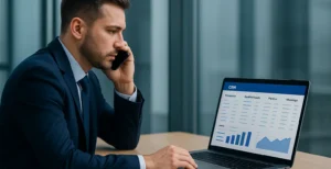 Outsourcing Planet SDR reviewing CRM dashboards while executing outsourced B2B prospecting across Europe from Spain