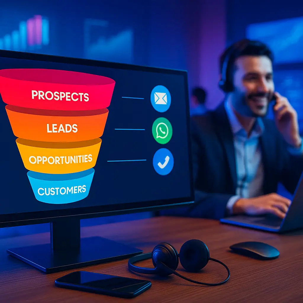 Embudo de prospección B2B con etapas de prospects, leads, oportunidades y clientes, representando el servicio de SDR externalizado de Outsourcing Planet.