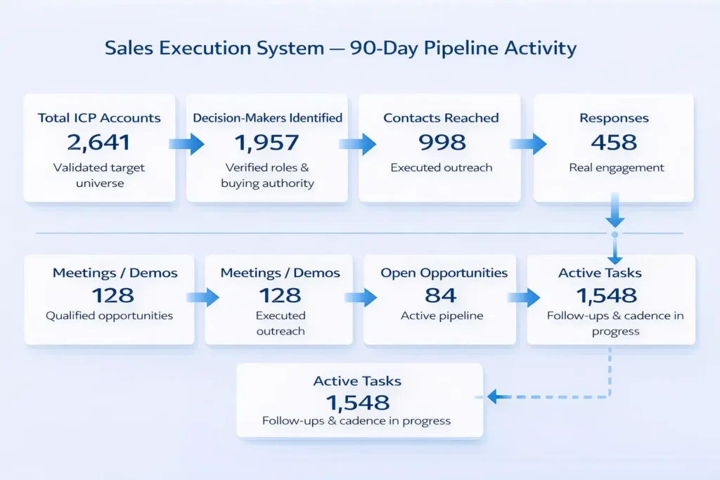 B2B sales execution system showing ICP targeting, outreach, responses, meetings, active pipeline and follow-up cadence over 90 days