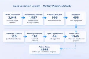 B2B sales execution system showing ICP targeting, outreach, responses, meetings, active pipeline and follow-up cadence over 90 days