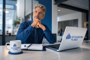 Professional outsourced SDR working in a B2B sales environment with Outsourcing Planet branded laptop