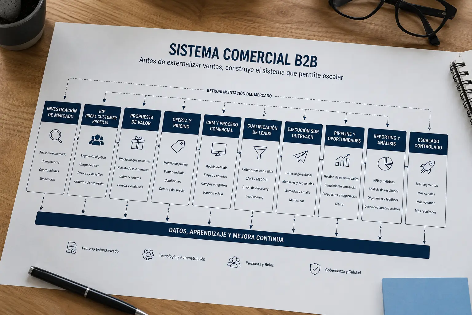Sistema comercial B2B antes de externalizar ventas, con foco en ICP, proceso comercial y ejecución controlada para empresas.