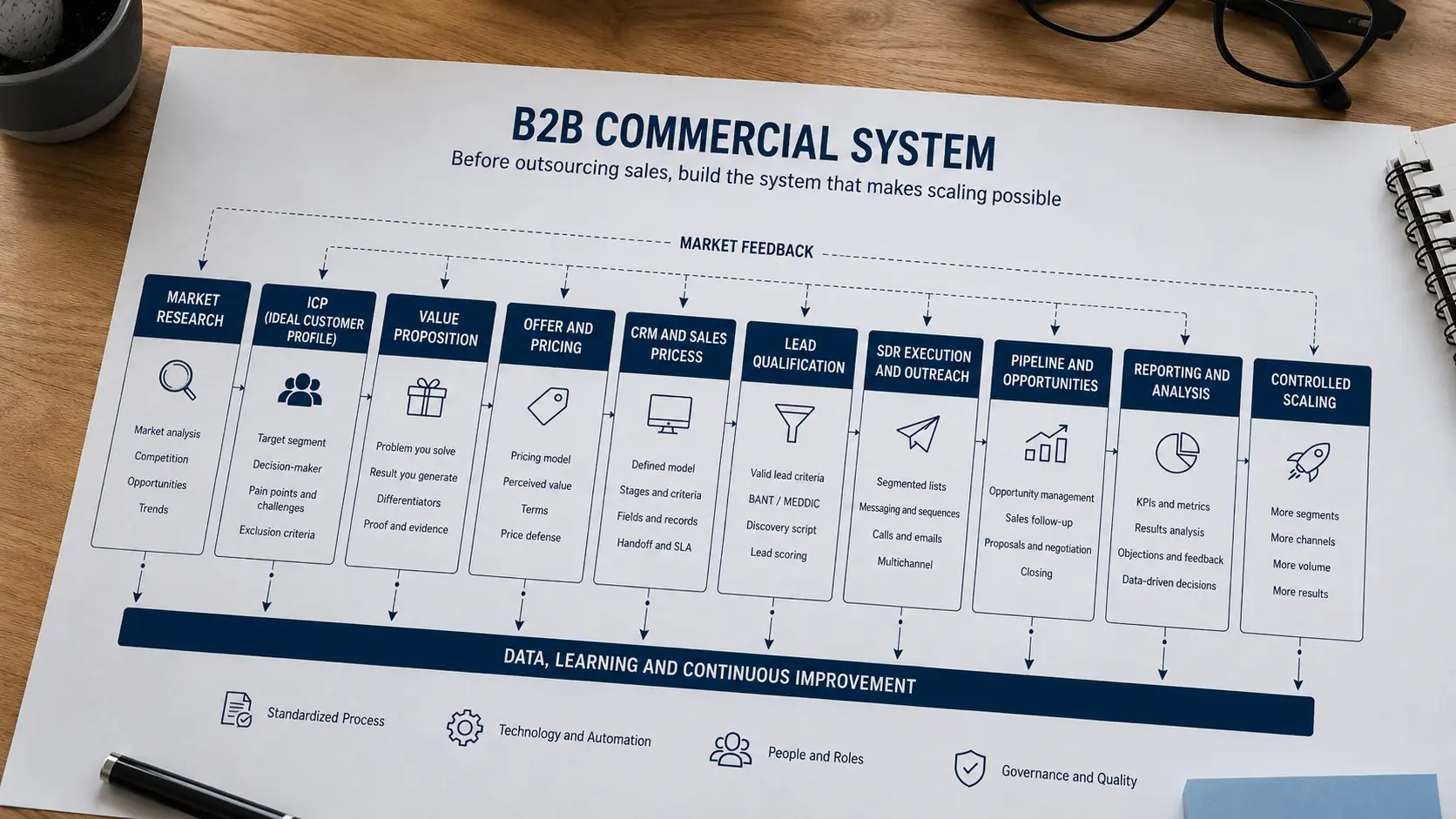B2B sales system before outsourcing sales execution, showing ICP, sales process, qualification and controlled execution.