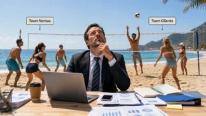Ejecutivo trabajando en la playa mientras ventas y clientes siguen activos durante el verano en una empresa B2B.