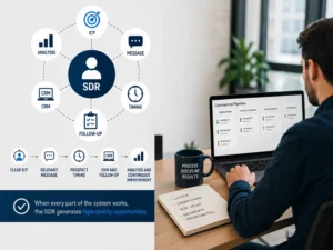 Outsourcing Planet graphic showing how an SDR works within a structured B2B sales system with ICP, message, timing, CRM, follow-up and analysis.