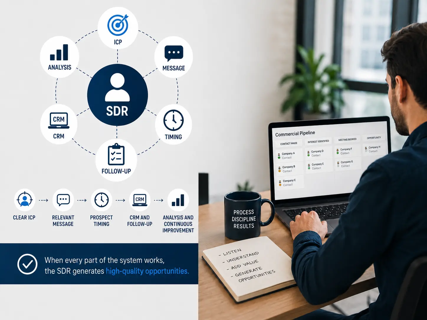 SDR operating within a structured B2B sales system for companies entering the Spanish market, with ICP, CRM, messaging, timing and pipeline generation.