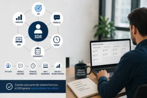 Diagrama de Outsourcing Planet que muestra cómo un SDR trabaja dentro de un sistema de ventas B2B con ICP, mensaje, timing, CRM, seguimiento y análisis.