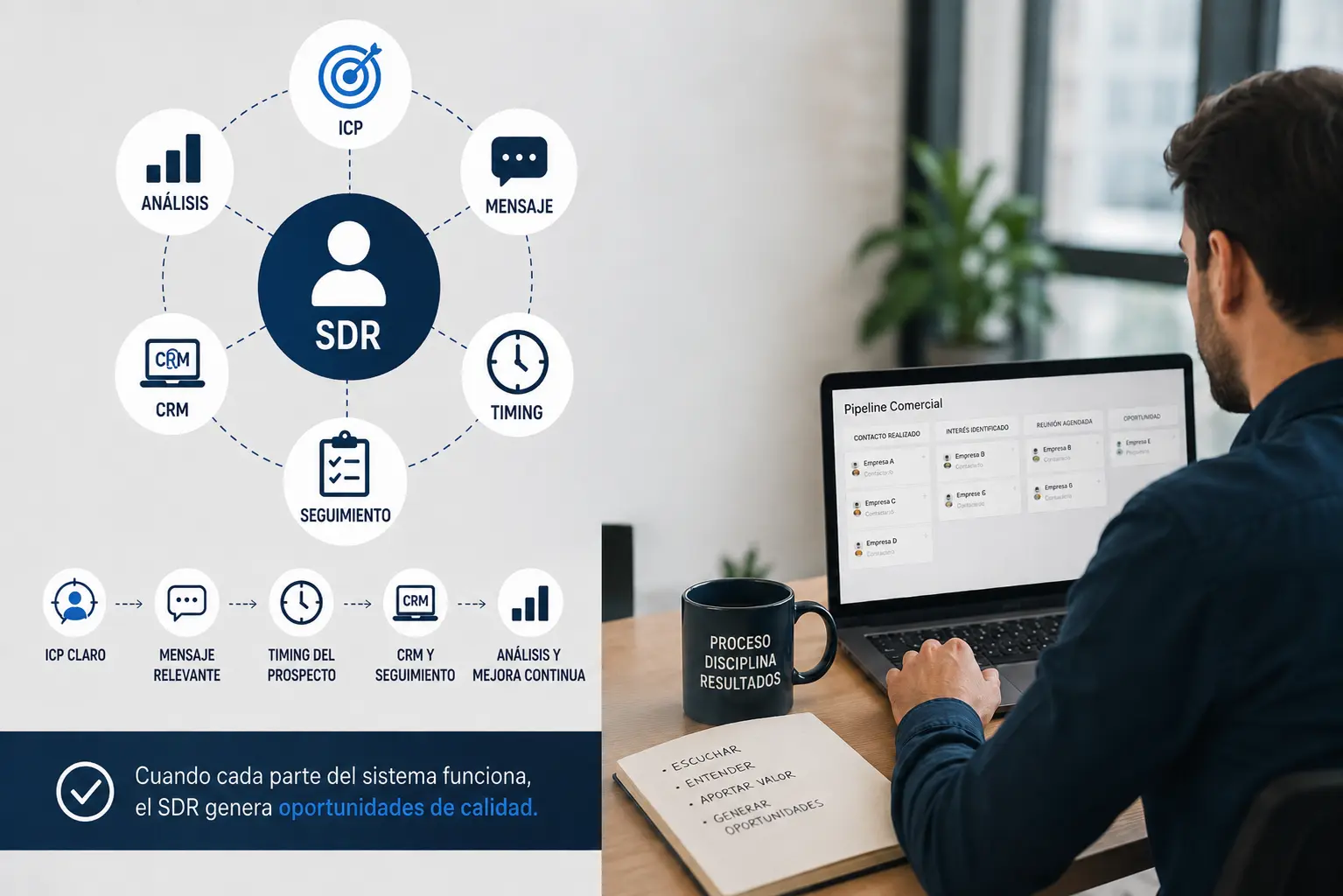 SDR integrado dentro de un sistema de ventas B2B con procesos, CRM, cualificación, seguimiento y generación de oportunidades para empresas.